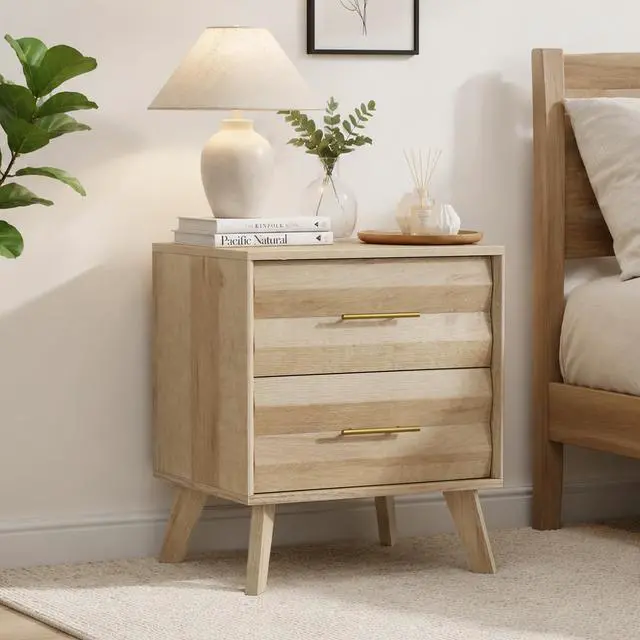 Alt view image 2 of 7 - Oak-Colored Double Drawer Bedside Table, Medieval-Style Modern Bedroom Bedside Storage Cabinet, Bedside Table With Metal Handles, Single Unit
