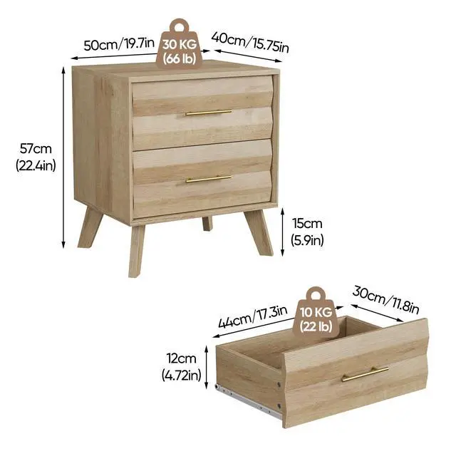 Alt view image 3 of 7 - Oak-Colored Double Drawer Bedside Table, Medieval-Style Modern Bedroom Bedside Storage Cabinet, Bedside Table With Metal Handles, Single Unit