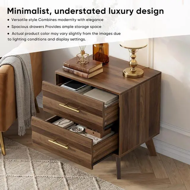 Alt view image 5 of 7 - Walnut-Colored Double Drawer Bedside Table, Medieval-Style Modern Bedroom Bedside Storage Cabinet, Bedside Table With Metal Handles, Single Unit