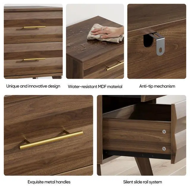 Alt view image 6 of 7 - Walnut-Colored Double Drawer Bedside Table, Medieval-Style Modern Bedroom Bedside Storage Cabinet, Bedside Table With Metal Handles, Single Unit