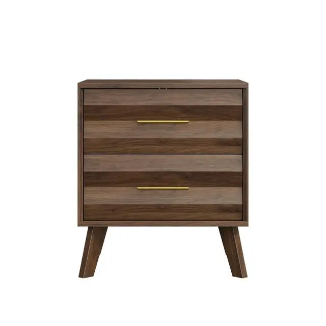 Alt view image 7 of 7 - Walnut-Colored Double Drawer Bedside Table, Medieval-Style Modern Bedroom Bedside Storage Cabinet, Bedside Table With Metal Handles, Single Unit