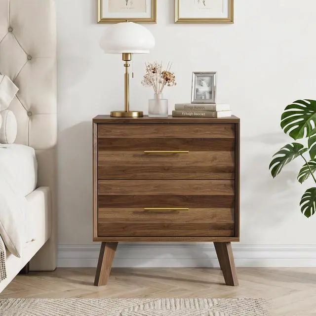 Alt view image 4 of 7 - Walnut-Colored Double Drawer Bedside Table, Medieval-Style Modern Bedroom Bedside Storage Cabinet, Bedside Table With Metal Handles, Single Unit