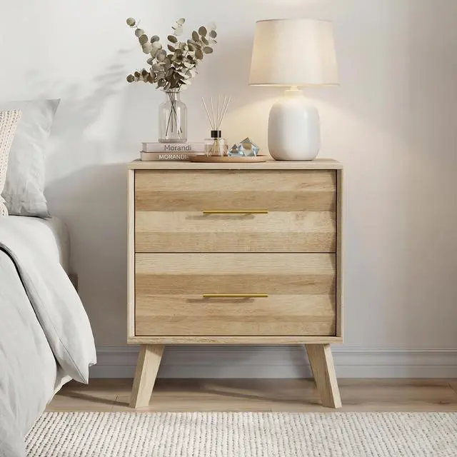 Alt view image 4 of 7 - Oak-Colored Double Drawer Bedside Table, Medieval-Style Modern Bedroom Bedside Storage Cabinet, Bedside Table With Metal Handles, Single Unit