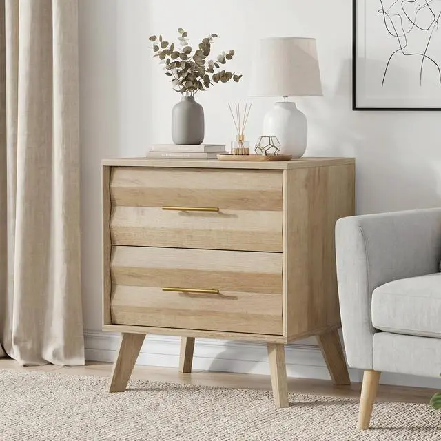 Alt view image 5 of 7 - Oak-Colored Double Drawer Bedside Table, Medieval-Style Modern Bedroom Bedside Storage Cabinet, Bedside Table With Metal Handles, Single Unit