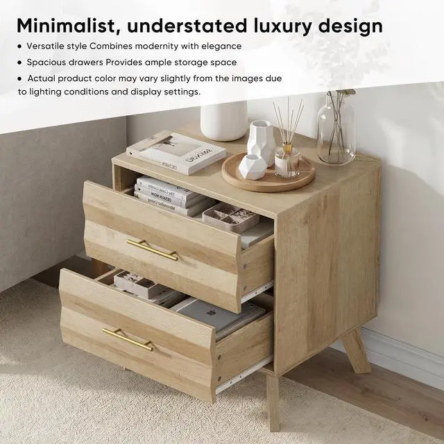 Alt view image 6 of 7 - Oak-Colored Double Drawer Bedside Table, Medieval-Style Modern Bedroom Bedside Storage Cabinet, Bedside Table With Metal Handles, Single Unit