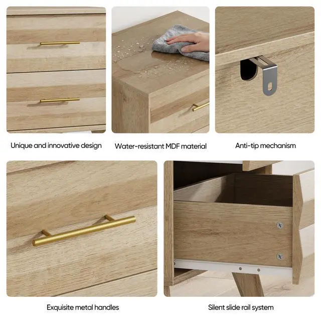 Alt view image 7 of 7 - Oak-Colored Double Drawer Bedside Table, Medieval-Style Modern Bedroom Bedside Storage Cabinet, Bedside Table With Metal Handles, Single Unit
