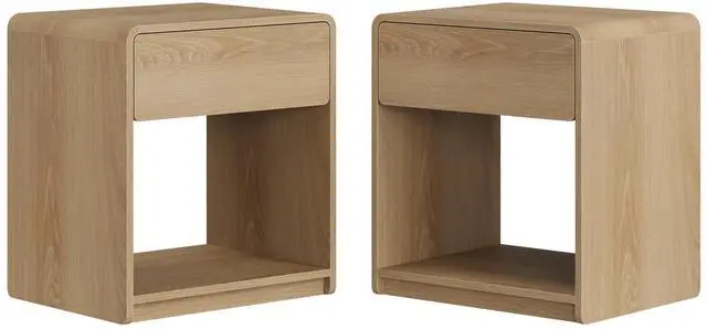 Main image of Mid-Century Modern Bedside Table Set, 2 Pieces, With Storage Drawers And Open Shelves, Bedroom Side Table With Rounded Corners, Compact Bedside Table Set, Oak Color