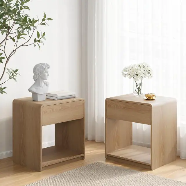 Alt view image 2 of 7 - Mid-Century Modern Bedside Table Set, 2 Pieces, With Storage Drawers And Open Shelves, Bedroom Side Table With Rounded Corners, Compact Bedside Table Set, Oak Color