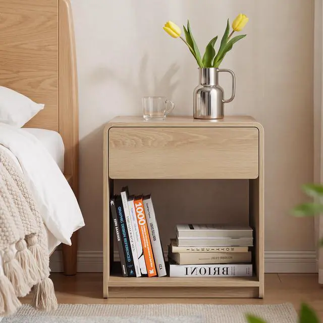 Alt view image 4 of 7 - Mid-Century Modern Bedside Table Set, 2 Pieces, With Storage Drawers And Open Shelves, Bedroom Side Table With Rounded Corners, Compact Bedside Table Set, Oak Color