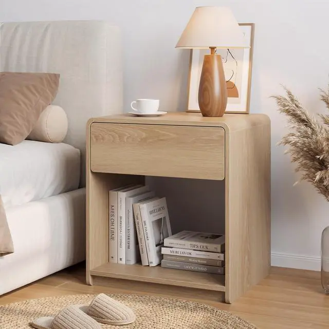 Alt view image 6 of 7 - Mid-Century Modern Bedside Table Set, 2 Pieces, With Storage Drawers And Open Shelves, Bedroom Side Table With Rounded Corners, Compact Bedside Table Set, Oak Color
