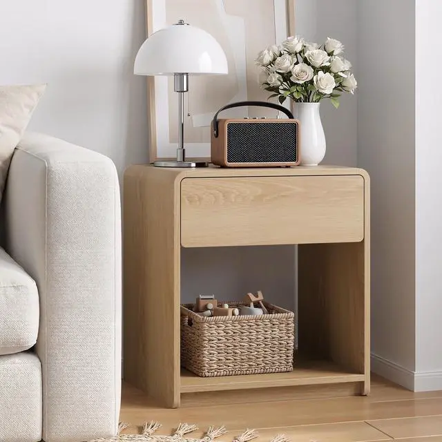 Alt view image 5 of 7 - Mid-Century Modern Bedside Table Set, 2 Pieces, With Storage Drawers And Open Shelves, Bedroom Side Table With Rounded Corners, Compact Bedside Table Set, Oak Color
