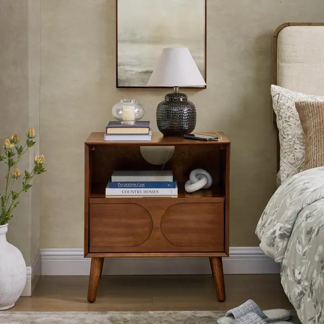 Alt view image 2 of 7 - Mid Century Modern Fluted Nightstand With Charging Station Usb Ports & Outlet Hole & 4 Solid Wood Legs, Farmhouse End Table With Open Space And Drawer Dresser, Walnut