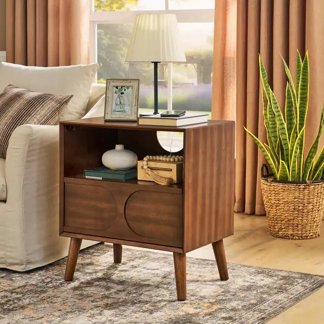 Alt view image 4 of 7 - Mid Century Modern Fluted Nightstand With Charging Station Usb Ports & Outlet Hole & 4 Solid Wood Legs, Farmhouse End Table With Open Space And Drawer Dresser, Walnut