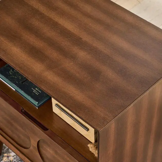 Alt view image 7 of 7 - Mid Century Modern Fluted Nightstand With Charging Station Usb Ports & Outlet Hole & 4 Solid Wood Legs, Farmhouse End Table With Open Space And Drawer Dresser, Walnut