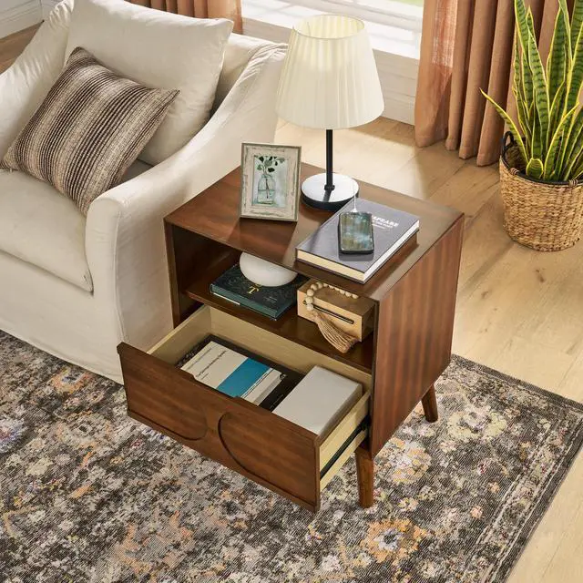 Alt view image 5 of 7 - Mid Century Modern Fluted Nightstand With Charging Station Usb Ports & Outlet Hole & 4 Solid Wood Legs, Farmhouse End Table With Open Space And Drawer Dresser, Walnut