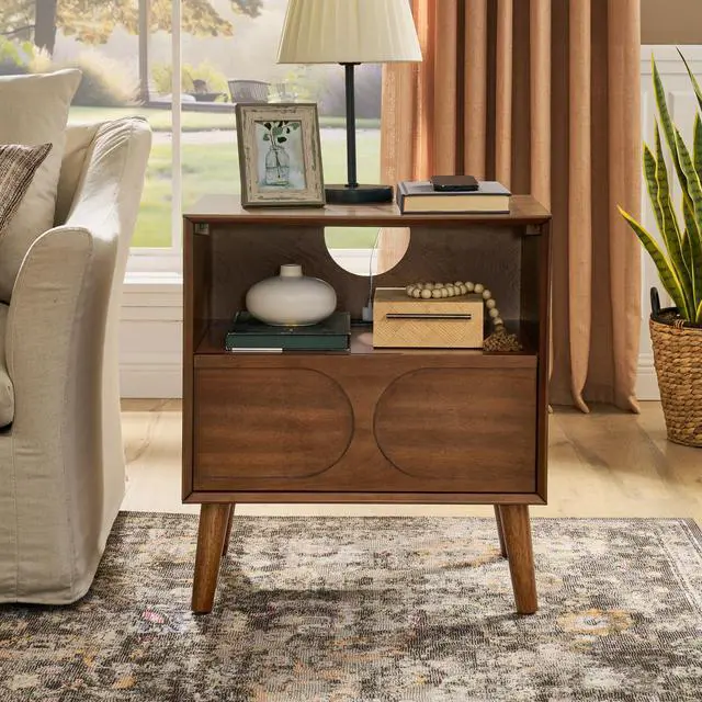 Alt view image 3 of 7 - Mid Century Modern Fluted Nightstand With Charging Station Usb Ports & Outlet Hole & 4 Solid Wood Legs, Farmhouse End Table With Open Space And Drawer Dresser, Walnut