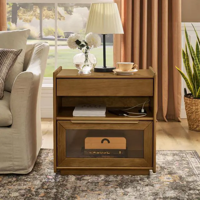 Main image of Mid Century Modern Nightstand With Charging Station & Outlet Hole & 2 Drawers, Farmhouse End Table With Open Shelf & Glass Drawer Dresser, Side Cabinet For Living Room Reception Room Dorm-Light Walnut