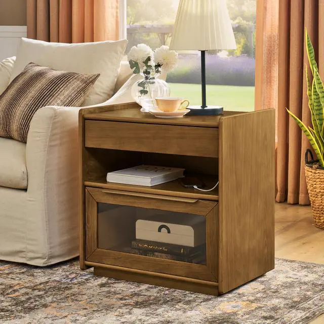 Alt view image 2 of 7 - Mid Century Modern Nightstand With Charging Station & Outlet Hole & 2 Drawers, Farmhouse End Table With Open Shelf & Glass Drawer Dresser, Side Cabinet For Living Room Reception Room Dorm-Light Walnut