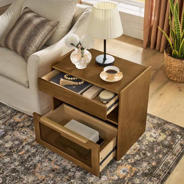 Alt view image 3 of 7 - Mid Century Modern Nightstand With Charging Station & Outlet Hole & 2 Drawers, Farmhouse End Table With Open Shelf & Glass Drawer Dresser, Side Cabinet For Living Room Reception Room Dorm-Light Walnut