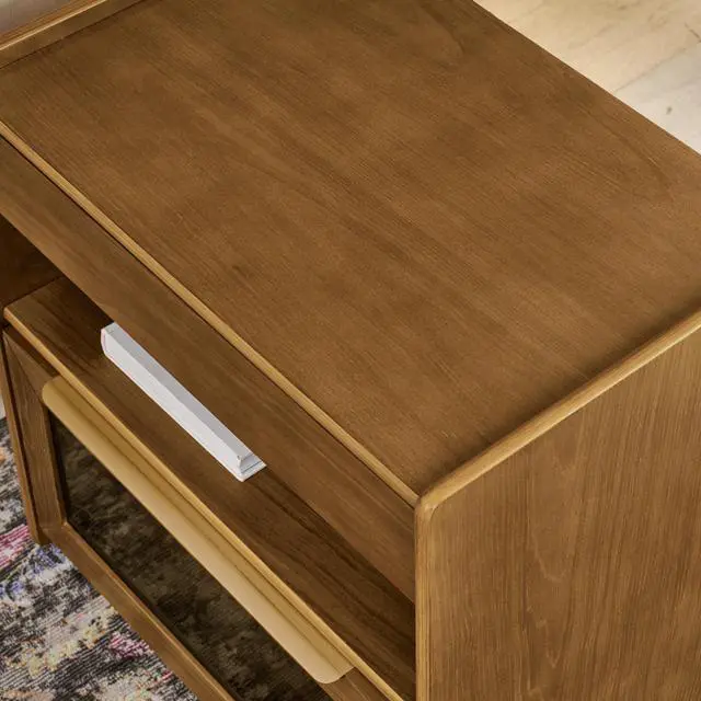 Alt view image 6 of 7 - Mid Century Modern Nightstand With Charging Station & Outlet Hole & 2 Drawers, Farmhouse End Table With Open Shelf & Glass Drawer Dresser, Side Cabinet For Living Room Reception Room Dorm-Light Walnut