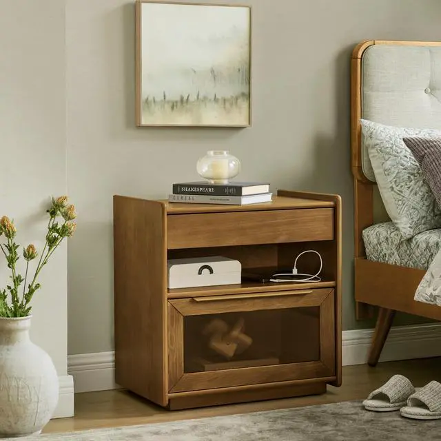 Alt view image 5 of 7 - Mid Century Modern Nightstand With Charging Station & Outlet Hole & 2 Drawers, Farmhouse End Table With Open Shelf & Glass Drawer Dresser, Side Cabinet For Living Room Reception Room Dorm-Light Walnut