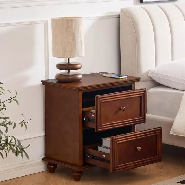 Alt view image 3 of 7 - 22.9" Mid Century Modern Nightstand With Charging Station & Outlet Hole & 2 Drawers, Wood End Table With Stroage, Side Cabinet With For Living Room Entryway Reception Room, Accent Side Table, Walnut