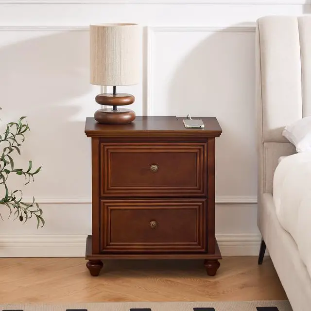 Alt view image 2 of 7 - 22.9" Mid Century Modern Nightstand With Charging Station & Outlet Hole & 2 Drawers, Wood End Table With Stroage, Side Cabinet With For Living Room Entryway Reception Room, Accent Side Table, Walnut