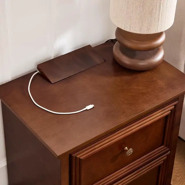 Alt view image 7 of 7 - 22.9" Mid Century Modern Nightstand With Charging Station & Outlet Hole & 2 Drawers, Wood End Table With Stroage, Side Cabinet With For Living Room Entryway Reception Room, Accent Side Table, Walnut