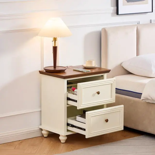 Alt view image 3 of 7 - 22.9" Mid Century Modern Nightstand With Charging Station & Outlet Hole & 2 Drawers, Wood End Table With Stroage, Side Cabinet With For Living Room Entryway Reception Room, Brown And White