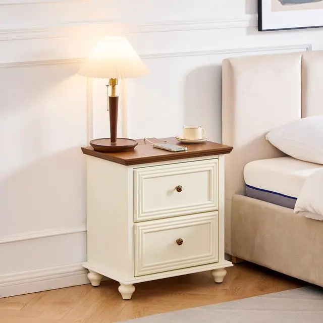 Alt view image 2 of 7 - 22.9" Mid Century Modern Nightstand With Charging Station & Outlet Hole & 2 Drawers, Wood End Table With Stroage, Side Cabinet With For Living Room Entryway Reception Room, Brown And White