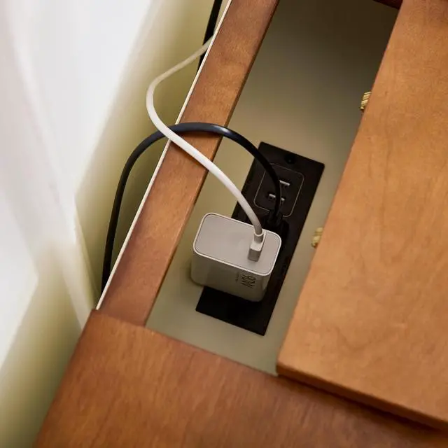 Alt view image 5 of 7 - 22.9" Mid Century Modern Nightstand With Charging Station & Outlet Hole & 2 Drawers, Wood End Table With Stroage, Side Cabinet With For Living Room Entryway Reception Room, Brown And White