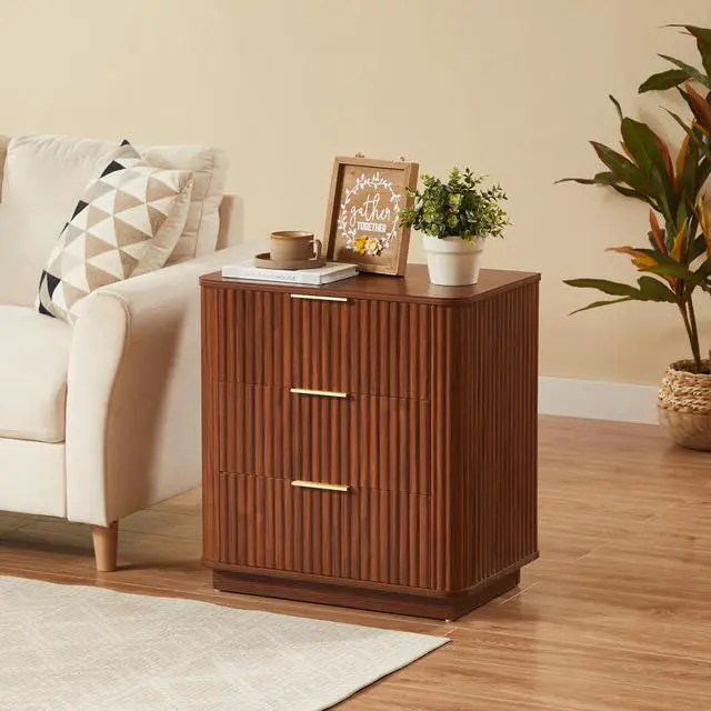 Alt view image 2 of 7 - 3 Drawers Nightstand Set Of 2, 23.6'' Wide Modern Chest Of Drawers Curved Wave Design, Nightstand, Wood Drawer Organizer For Bedroom, Living Room, Hallway, Walnut,23.6''W X 15''D X 25.2''H.