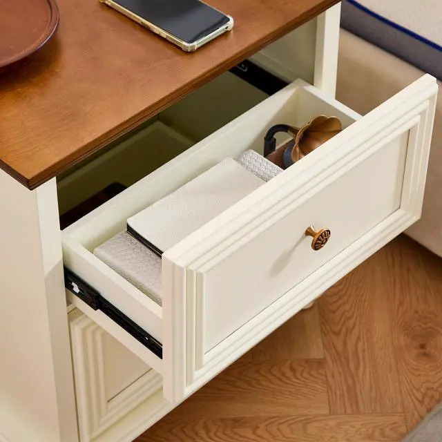 Alt view image 6 of 7 - 22.9" Mid Century Modern Nightstand With Charging Station & Outlet Hole & 2 Drawers, Wood End Table With Stroage, Side Cabinet With For Living Room Entryway Reception Room, Brown And White