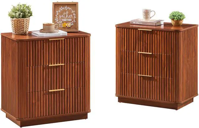 Main image of 3 Drawers Nightstand Set Of 2, 23.6'' Wide Modern Chest Of Drawers Curved Wave Design, Nightstand, Wood Drawer Organizer For Bedroom, Living Room, Hallway, Walnut,23.6''W X 15''D X 25.2''H.