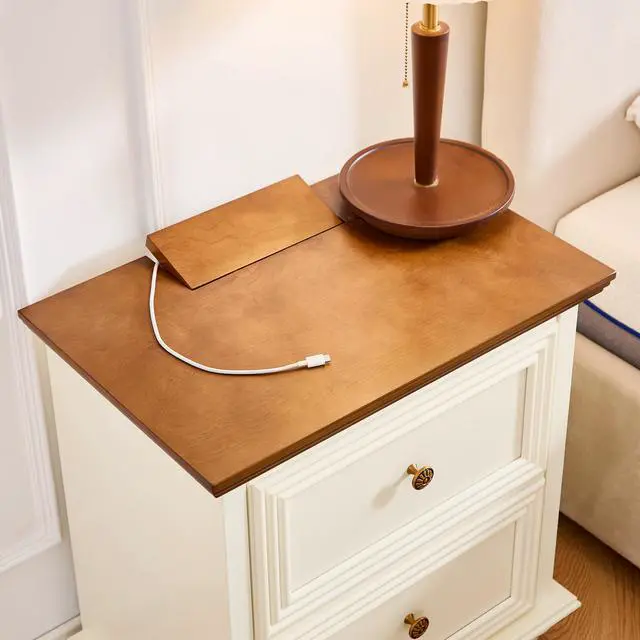 Alt view image 4 of 7 - 22.9" Mid Century Modern Nightstand With Charging Station & Outlet Hole & 2 Drawers, Wood End Table With Stroage, Side Cabinet With For Living Room Entryway Reception Room, Brown And White