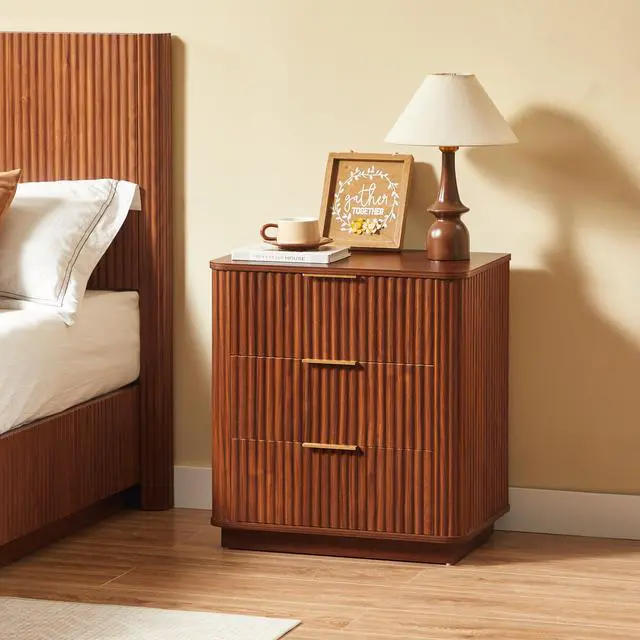 Alt view image 3 of 7 - 3 Drawers Nightstand Set Of 2, 23.6'' Wide Modern Chest Of Drawers Curved Wave Design, Nightstand, Wood Drawer Organizer For Bedroom, Living Room, Hallway, Walnut,23.6''W X 15''D X 25.2''H.