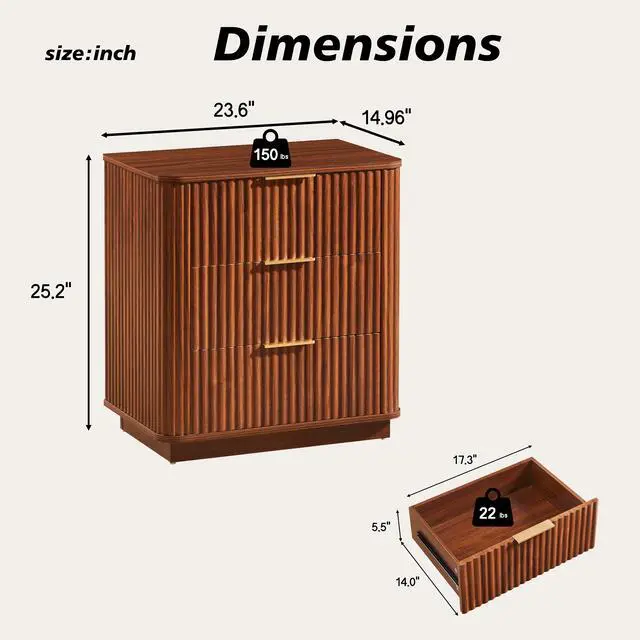 Alt view image 5 of 7 - 3 Drawers Nightstand Set Of 2, 23.6'' Wide Modern Chest Of Drawers Curved Wave Design, Nightstand, Wood Drawer Organizer For Bedroom, Living Room, Hallway, Walnut,23.6''W X 15''D X 25.2''H.