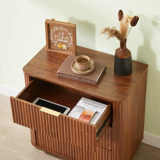 Alt view image 6 of 7 - 3 Drawers Nightstand Set Of 2, 23.6'' Wide Modern Chest Of Drawers Curved Wave Design, Nightstand, Wood Drawer Organizer For Bedroom, Living Room, Hallway, Walnut,23.6''W X 15''D X 25.2''H.