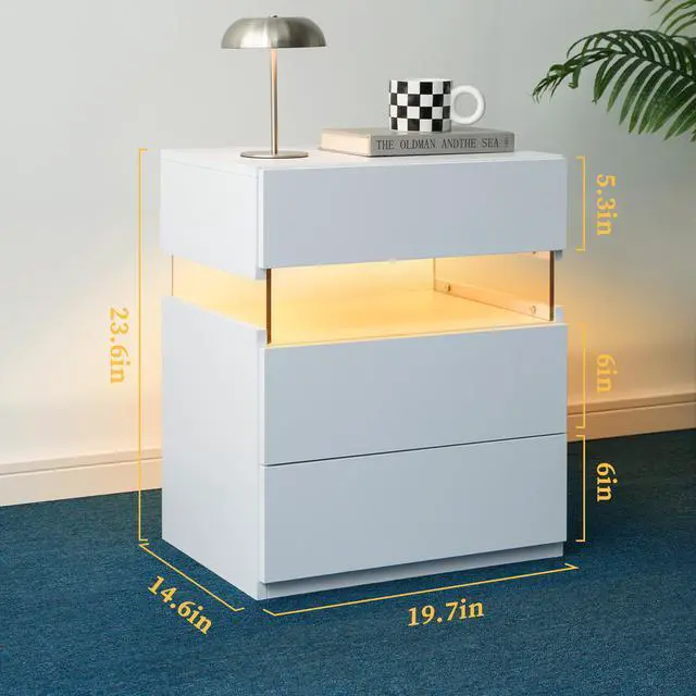 Alt view image 2 of 7 - Led Nightstands 3 Drawer Dresser For Bedroom End Table With Acrylic Board Led Bedside Tables For Bedroom Living Room Bedside Furniture (White)