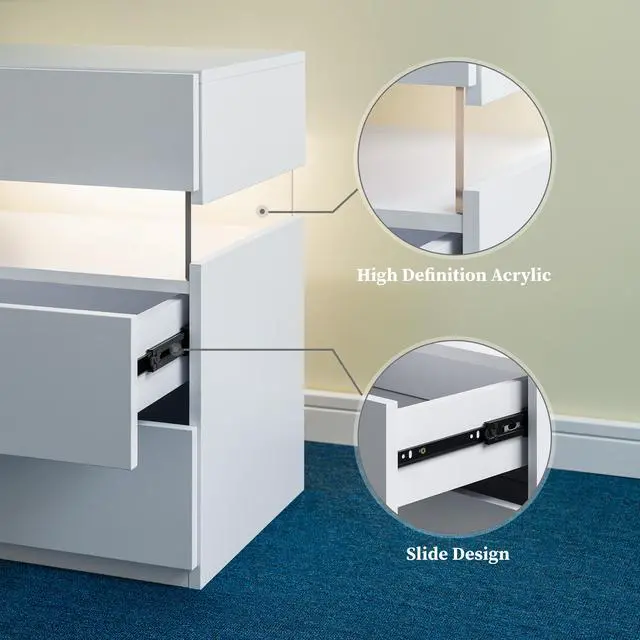Alt view image 4 of 7 - Led Nightstands 3 Drawer Dresser For Bedroom End Table With Acrylic Board Led Bedside Tables For Bedroom Living Room Bedside Furniture (White)