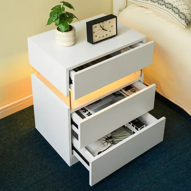 Alt view image 5 of 7 - Led Nightstands 3 Drawer Dresser For Bedroom End Table With Acrylic Board Led Bedside Tables For Bedroom Living Room Bedside Furniture (White)