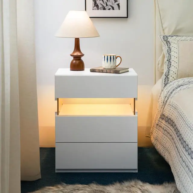 Main image of Led Nightstands 3 Drawer Dresser For Bedroom End Table With Acrylic Board Led Bedside Tables For Bedroom Living Room Bedside Furniture (White)