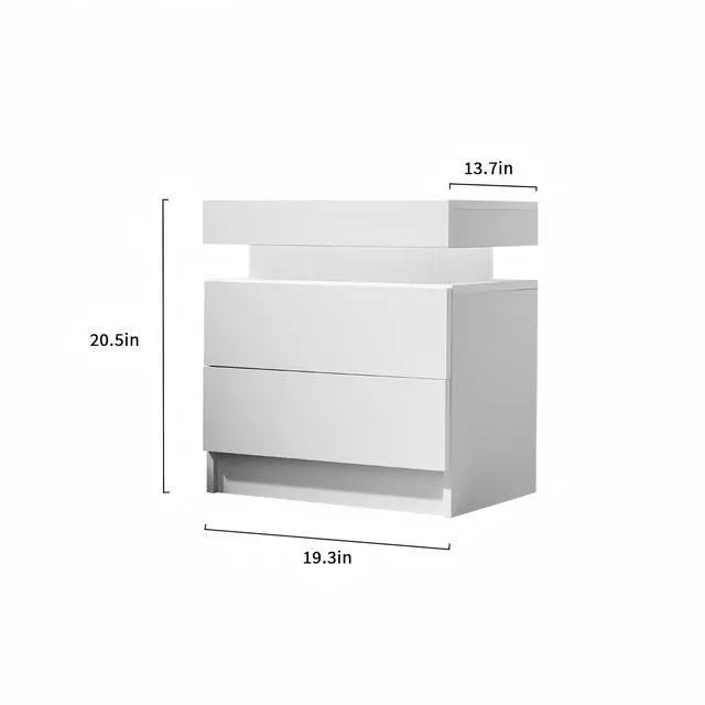 Alt view image 3 of 7 - Nightstand Led Bedside Table Cabinet Lights Modern End Side With 2 Drawers For Bedroom (White)