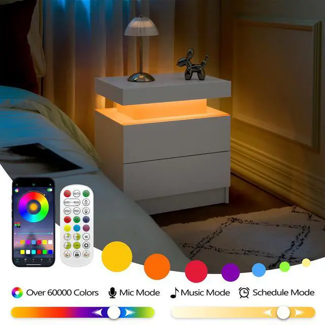 Alt view image 4 of 5 - Led Nightstands Set Of 2, Bedside Table Cabinet Lights Modern End Side With 2 Drawers For Bedroom (White)
