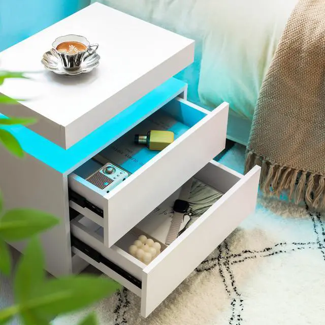 Alt view image 3 of 5 - Led Nightstands Set Of 2, Bedside Table Cabinet Lights Modern End Side With 2 Drawers For Bedroom (White)