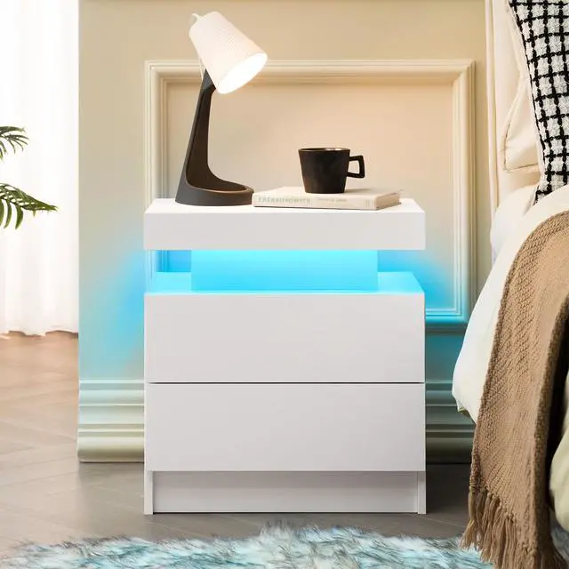 Alt view image 4 of 7 - Nightstand Led Bedside Table Cabinet Lights Modern End Side With 2 Drawers For Bedroom (White)