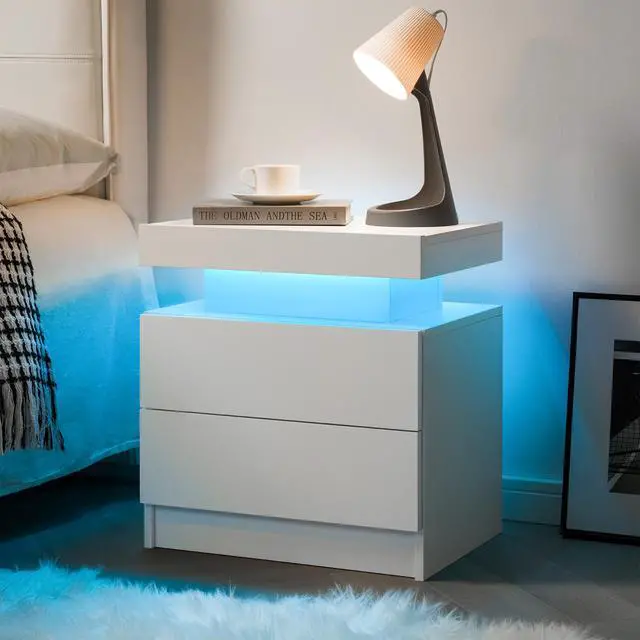 Alt view image 7 of 7 - Nightstand Led Bedside Table Cabinet Lights Modern End Side With 2 Drawers For Bedroom (White)