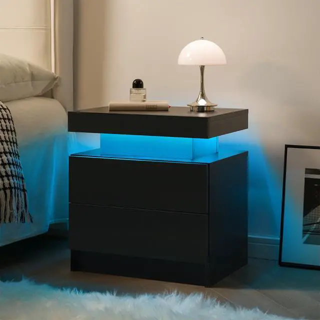 Alt view image 2 of 7 - Nightstand Led Bedside Table Cabinet Lights Modern End Side With 2 Drawers For Bedroom (Black)