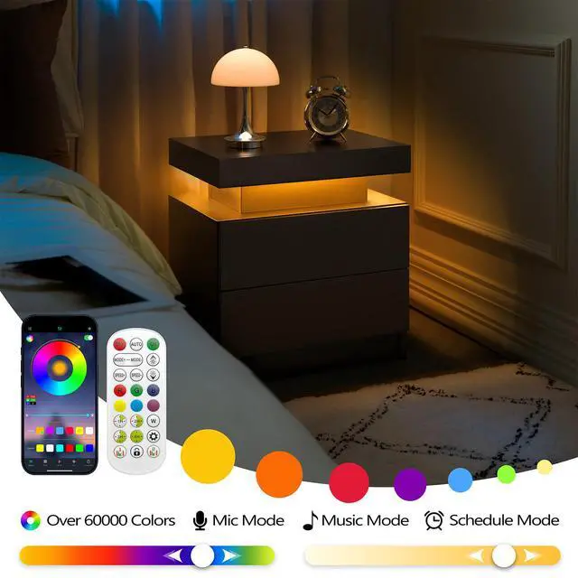 Alt view image 4 of 7 - Nightstand Led Bedside Table Cabinet Lights Modern End Side With 2 Drawers For Bedroom (Black)
