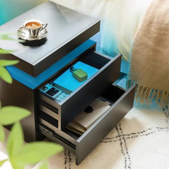 Alt view image 5 of 7 - Nightstand Led Bedside Table Cabinet Lights Modern End Side With 2 Drawers For Bedroom (Black)